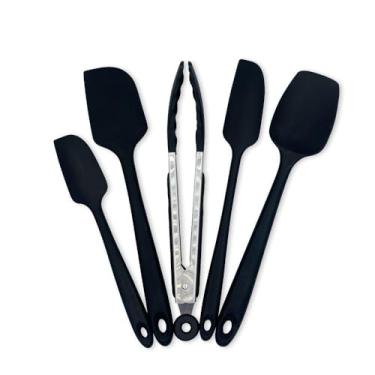 Imagem de Conjunto de Espátulas e Pegador em Silicone, 5 Peças, Preto, Aço Inox, 04 Espátulas e 01 Pegador
