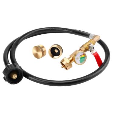 Imagem de WADEO Mangueira adaptadora de refil de propano com calibre, mangueira de extensão de refil de tanque de propano de 1,5 kg para tanques de gás propano com válvula de controle ON/OFF, 2 tampas de garrafa de propano de 450 g incluídas