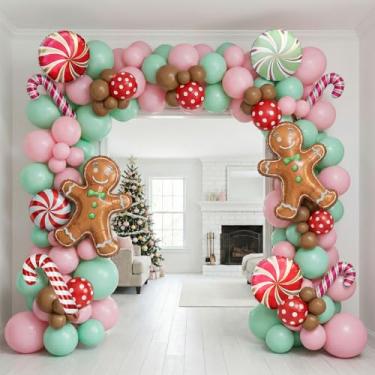 Imagem de Kit de arco de guirlanda de balão de Natal, 126 peças, grande, folha de bengala, vermelho, verde, pirulito, doces e rosa menta, balões de cacau para decorações de festa de Natal e Ano Novo