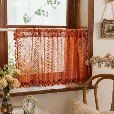Imagem de Sutuo Home Cortinas Curtas Terracota Boho para Janelas de Cozinha Sobre a Pia, Laranja Queimada Crochê Privacidade Farmhouse Renda Transparente Vintage Borlas Retrô Bolso de Vara, 2 Painéis 127 cm L x