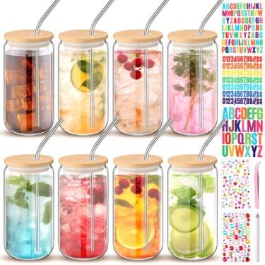 Imagem de Yetene 16 peças de copos de plástico com tampas e canudos, potes de acrílico com tampas de bambu, potes de pedreiro com adesivo e diamante para decoração DIY, canecas bebendo para água, bebida