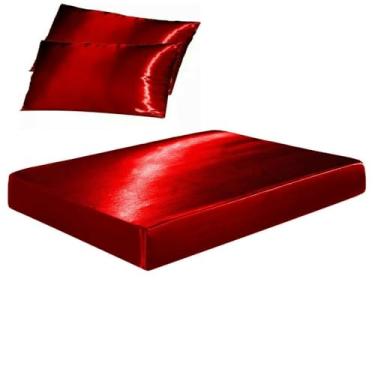 Imagem de Confecções Elba, Jogo De Lençol Casal King Cetim Seda Alto Brilho 3 Peças Cor:Vermelho