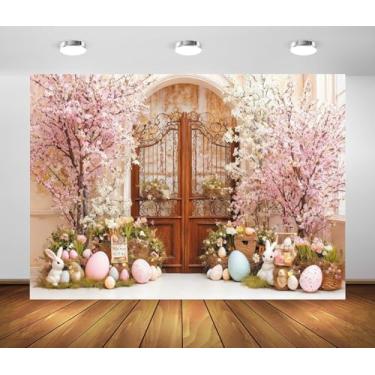 Imagem de Pano de fundo de primavera, Páscoa, coelhinhos, ovos coloridos, flores, flores, vintage, fundo de porta de madeira, tema de Páscoa, decoração de festa, faixa para crianças e adultos, retratos de