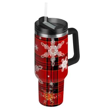 Imagem de Flocos de neve copos xadrez vermelho preto com tampas e canudos Garrafa de água de aço inoxidável copo isolado com alça 850 g caneca térmica de café quente para carro