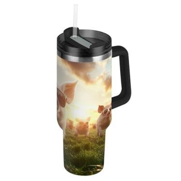 Imagem de Cool Pigs Wear Óculos de sol com tampa e canudo Copo de viagem à prova de vazamento 1,134 g com alça garrafas de água isoladas caneca de café quente de aço inoxidável para carro