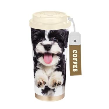 Imagem de TSENQUE Caneca de café de viagem de 473 ml, copo de caneca de café com revestimento cerâmico com tampa e canudo, copo isolado a vácuo de aço inoxidável, cachorrinho preto e branco fofo