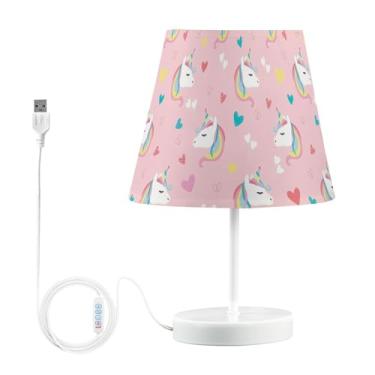 Imagem de Joisal Lindo unicórnio rosa decoração pequena lâmpada para mesa de cabeceira com abajur de linho, luminária de mesa com porta USB