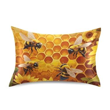 Imagem de Fronhas fofas vibrantes abelhas girassóis flor padrão queen king fronha cetim refrescante confortável roupa de cama fofa arte king size 101,6 cm x 50,8 cm