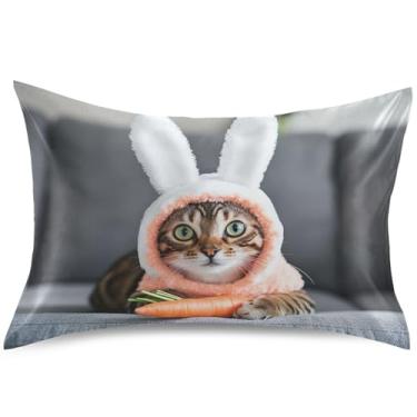 Imagem de Capas de almofada de cetim com arte de páscoa de coelho fofo para resfriamento de cabelo, capas de travesseiro de cama king queen padrão, tamanho Queen, 76 cm x 50 cm