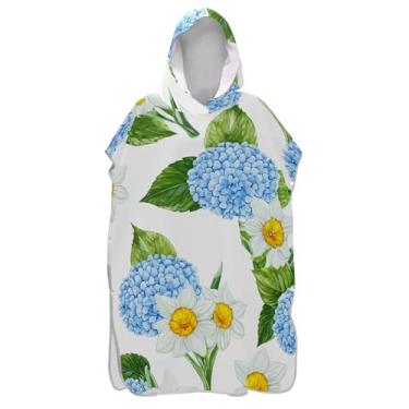 Imagem de TSENQUE Poncho de surfe para adultos trocador de roupão de praia com capuz toalha de natação secagem rápida poncho masculino com capuz arte azul hortênsias branco