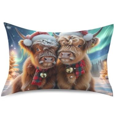 Imagem de Linda capa de almofada de cetim de vaca Highland Natal almofada refrescante padrão Queen King capa de travesseiro animal quarto estética, tamanho padrão, 66 cm x 50 cm