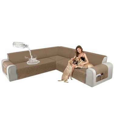 Imagem de ALIECOM Capas de sofá seccionais de canto, à prova d'água, laváveis, em forma de L, protetora, geométrica, jacquard, capa de móveis, com alça ajustável para cães de estimação (grande, marrom claro)