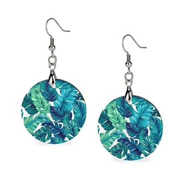 Imagem de Brincos redondos leves redondos com textura de folhas tropicais verdes e turquesa sem costura