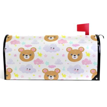 Imagem de TSENQUE Capas decorativas para caixa de correio magnética, outono, caixa de correio, vinil, à prova de intempéries, decoração de caixa de correio de férias fofa, desenho animado, ursos nuvens, branco