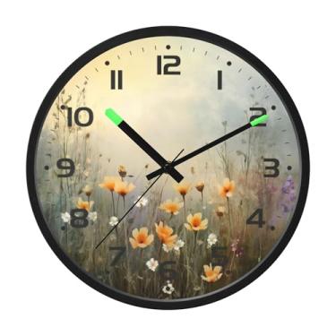 Imagem de SEHANY Herb Wildflower Relógio de parede silencioso sem tique-taque relógio redondo operado por bateria 30 cm controle de som luz noturna relógios de parede para sala de estar, cozinha, quarto