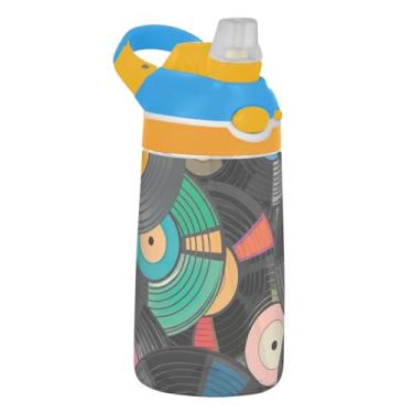 Imagem de Garrafa de água infantil Tritan de 473 ml com tampa de palha, garrafa de água esportiva portátil de 473 ml, copo infantil reutilizável à prova de vazamento, alça de transporte, discos de vinil de