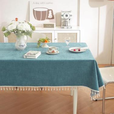 Imagem de Toalha de mesa rústica para mesas de jantar, toalha de mesa simples de cor sólida com borlas, toalha de mesa resistente, tecido de chenille macio, capa de mesa lavável para cozinha, uso interno e