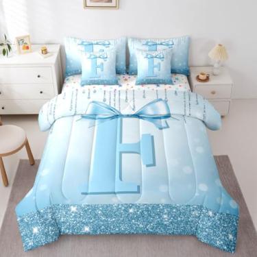 Imagem de Jogo de cama casal com letra F, 7 peças, para mulheres, meninas, namorada – Lindo conjunto de cama azul com laço azul em uma bolsa, conjunto de edredom com laço moderno e enchimento de edredom