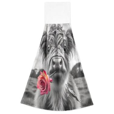 Imagem de Joitme Toalhas de mão de primavera com laço para pendurar, lindas toalhas de forno de vaca Highland Conjunto de 2, essenciais de cozinha decorativos altamente absorventes, 46 x 35 centímetros