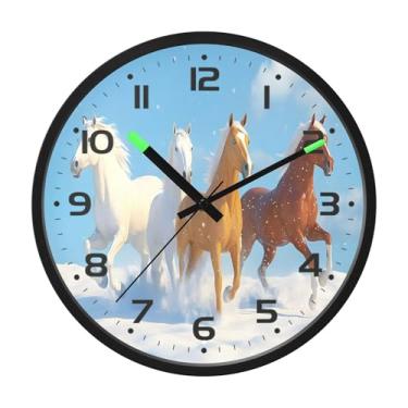 Imagem de SEHANY Relógio de parede artístico majestoso cavalos silencioso, sem tique-taque, relógio redondo operado por bateria, controle de som, luz noturna, relógios de parede para sala de estar, cozinha