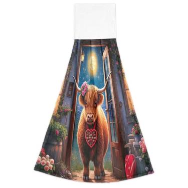 Imagem de Joitme Toalhas de mão fofas Highland Cow Moon Night Hanging Loop para cozinha conjunto de 2 toalhas de cozinha modernas macias e absorventes para decoração de cozinha, 46 x 35 cm