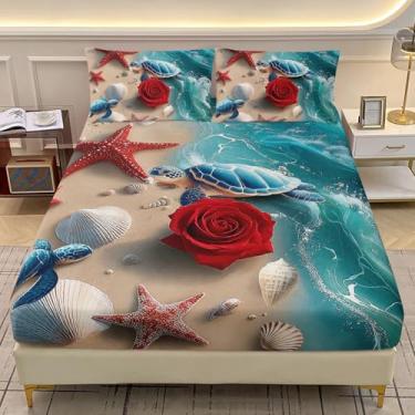 Imagem de AILONEN Jogo de lençol Queen com tema de praia costeira, estampa de tartaruga marinha, com 2 fronhas, estrela do mar vermelha macia e leve para quarto, 3 peças