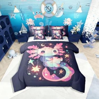 Imagem de Jogo de cama solteiro 3D Axolotl fofo, 7 peças, desenho animado, salamandra, galáxia, planeta estrelado, inclui edredom, conjunto de lençóis, fronhas e fronhas, decoração de quarto kawaii, vida