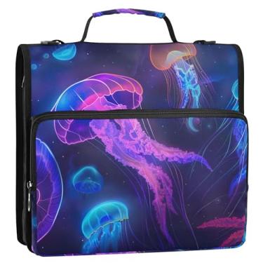 Imagem de Fichários de negócios com 3 anéis, anel D de 3 cm, água-viva brilhante, organizador com zíper, vários bolsos, pasta de portfólio grande com alça de ombro para escola