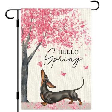 Imagem de DLZDN Hello Spring Dachshund Bandeira de jardim para cães 30,5 x 45,7 cm, dupla face, vertical, serapilheira, quintal, sinalização sazonal, decoração ao ar livre