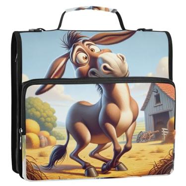 Imagem de Organizador de fichário de trabalho com zíper 3 fichários de 3,8 cm anel D engraçado de desenho animado de burro pasta de armazenamento com alça escolar bolsa de fichário com alça de ombro