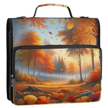 Imagem de Fichário de árvore de outono com 3 anéis de folhas de bordo com 3 anéis, anel D de 3 cm, organizador de fichário com zíper, bolsa de fichário para ensino médio com alça colorida, vários bolsos, pasta