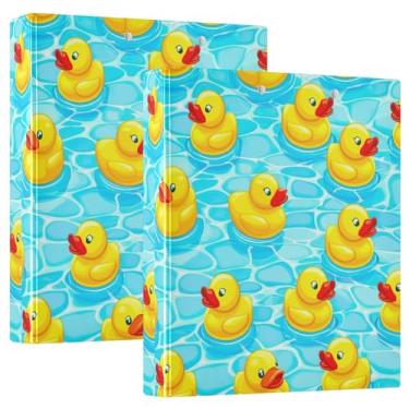 Imagem de Fichários personalizados fofos de patos amarelos azuis para piscina com 3 anéis de 3 cm comporta 200 folhas, pastas, anel redondo, fichário resistente, 31,5 x 27 x 6 cm, 1 pacote