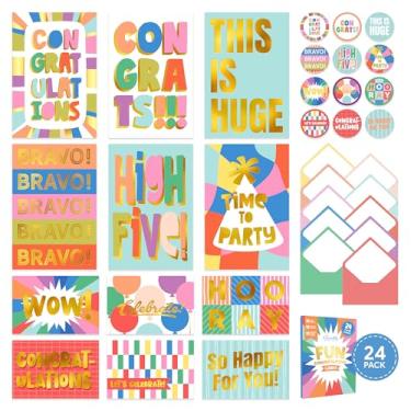 Imagem de Decorably Pacote com 24 cartões de parabéns em branco divertidos de 15 x 10 cm com envelopes e adesivos, pacote de 12 cartões de parabéns com desenhos coloridos, cartão de parabéns, cartões de