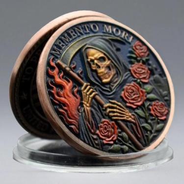 Imagem de Moeda comemorativa Memento Mori banhada a ouro, caveira, rosa, moeda d