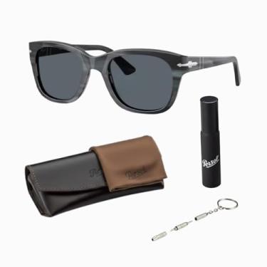 Imagem de Persol Óculos de sol quadrados PO3372S com kit oficial de óculos, Armação cinza listrada | Lente azul