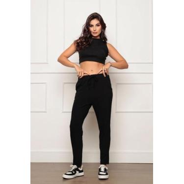 Imagem de Calça Feminina Soltinha Reta com Elástico e Amarração Preta - WE HAPPY