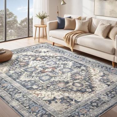 Imagem de Tapete lavável 25,5 x 30,5 cm: boho vintage envelhecido medalhão oriental neutro fino grande tapete para sala de estar, quarto, sala de jantar, decoração de escritório em casa - azul