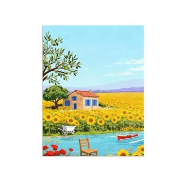 Imagem de Pôster paisagem - Rio Campo Girassol - Impressões em Tela - Imagem Moderna Natureza para Sala de Estar Decoração 40x50cm Sem Moldura