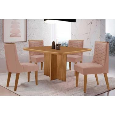 Imagem de Sala Jantar Mesa Berlim Tampo Curvo 90cm+4 Cadeiras Maldivas Madeira Naturale - Capuccino/Linho Capuccino - Rufato