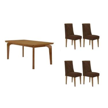 Imagem de Sala Jantar Mesa Londrina Tampo Curvo 120cm+4 Cadeiras Pietá Madeira Naturale - Capuccino/Suede Capuccino - Rufato