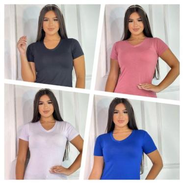 Imagem de Kit 4 Blusas Femininas Gola V Manga Curta - GK Toda Bela, Preto, Branc