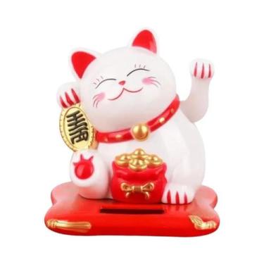 Imagem de Estátua Mini Gato Da Sorte Solar Com Braço Acenando Maneki Neko Decora