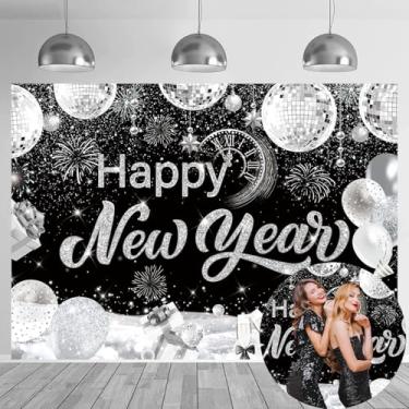 Imagem de Fundo de Feliz Ano Novo 2026, 20 x 1,8 m, preto e prateado, véspera de ano novo, fotografia, fogos de artifício, balão de champanhe, decoração de festa de ano novo, suprimentos para fotos