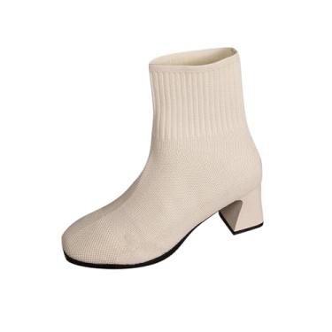 Imagem de Botas de cano curto de malha com bico redondo e salto alto para uso diário casual feminino, Bege, 35
