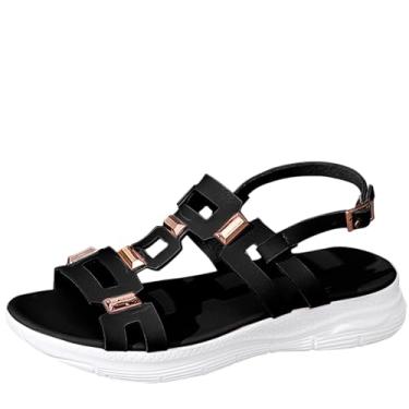 Imagem de Sandálias rasteiras casuais femininas vazadas com uma alça estilo retrô para praia, leve e confortável, Preto, 36
