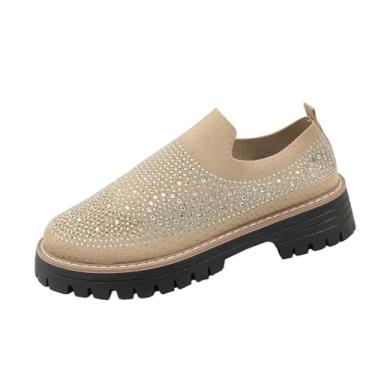 Imagem de Sapatos femininos de salto médio, bico redondo, respirável com strass, casual, malha confortável, Caqui, 39