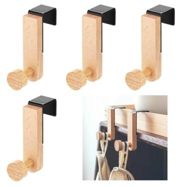 Imagem de Fiwochic 4 ganchos de cubículo de madeira, suporte de toalha de porta de armário de 7,6 cm para uso pesado de madeira preta, gancho de madeira de aço rústico natural para guarda-roupa, armário, gaveta