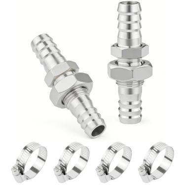 Imagem de Lophtnix 2 peças de aço inoxidável 304 encaixe de farpa através de anteparo a granel união hexagonal reta 5/20.3 cm farpado x 5/20.3 cm farpado com 4 peças braçadeira de mangueira