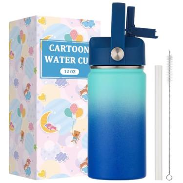 Imagem de Garrafa de água infantil com tampa de canudo - copo térmico de aço inoxidável isolado de 340 g, garrafa esportiva à prova de vazamento de boca larga mantém frio 12H e quente 6H para academia