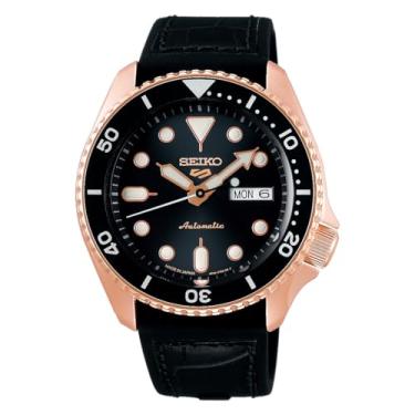 Imagem de Relógio de pulso masculino Seiko Watch Five Sports SKX, Mostrador / bisel: preto, caixa: PG, pulseira: preto (couro e silicone), Estilo especializado